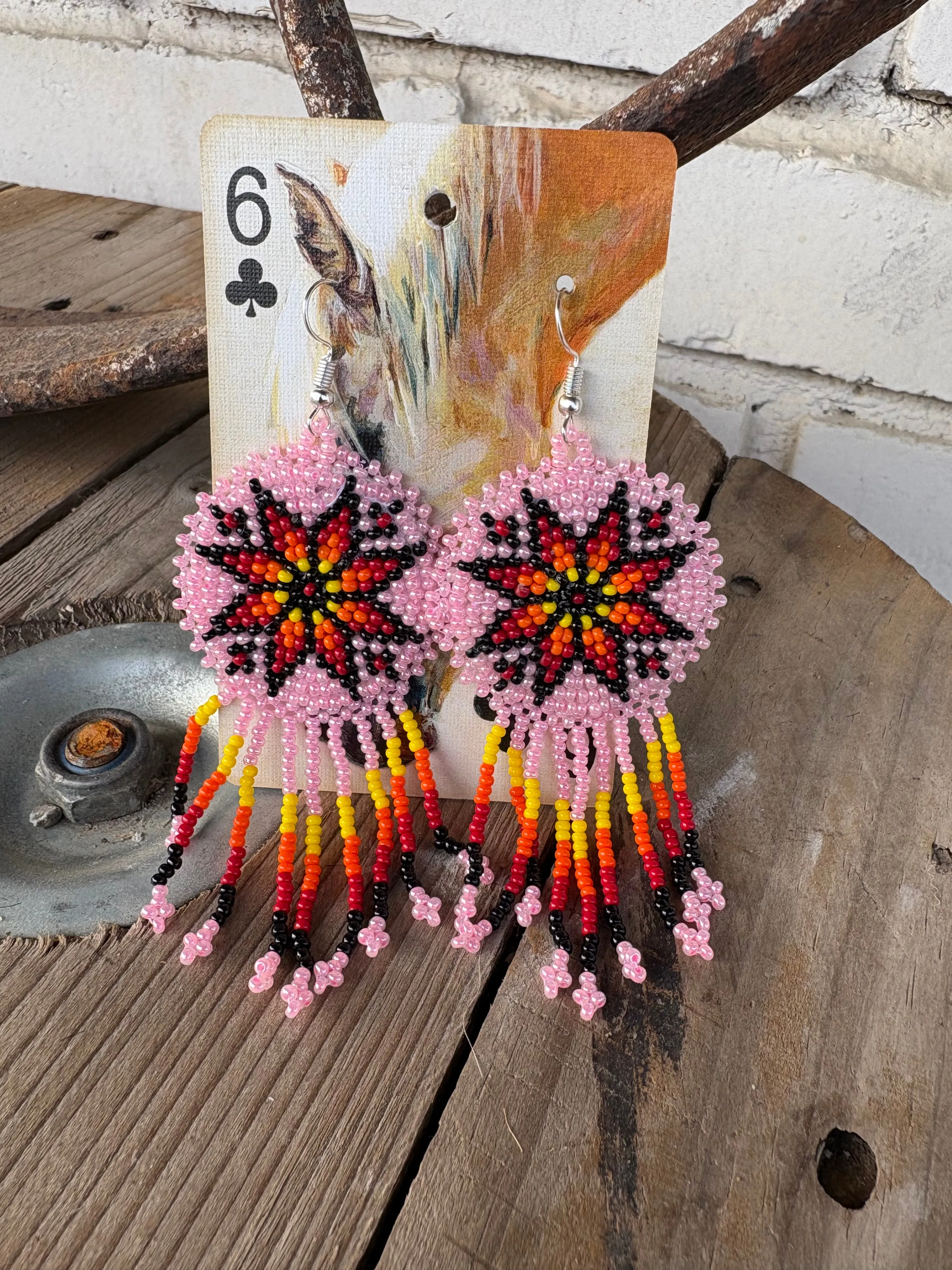 Pink Star Beaded Leather Earrings