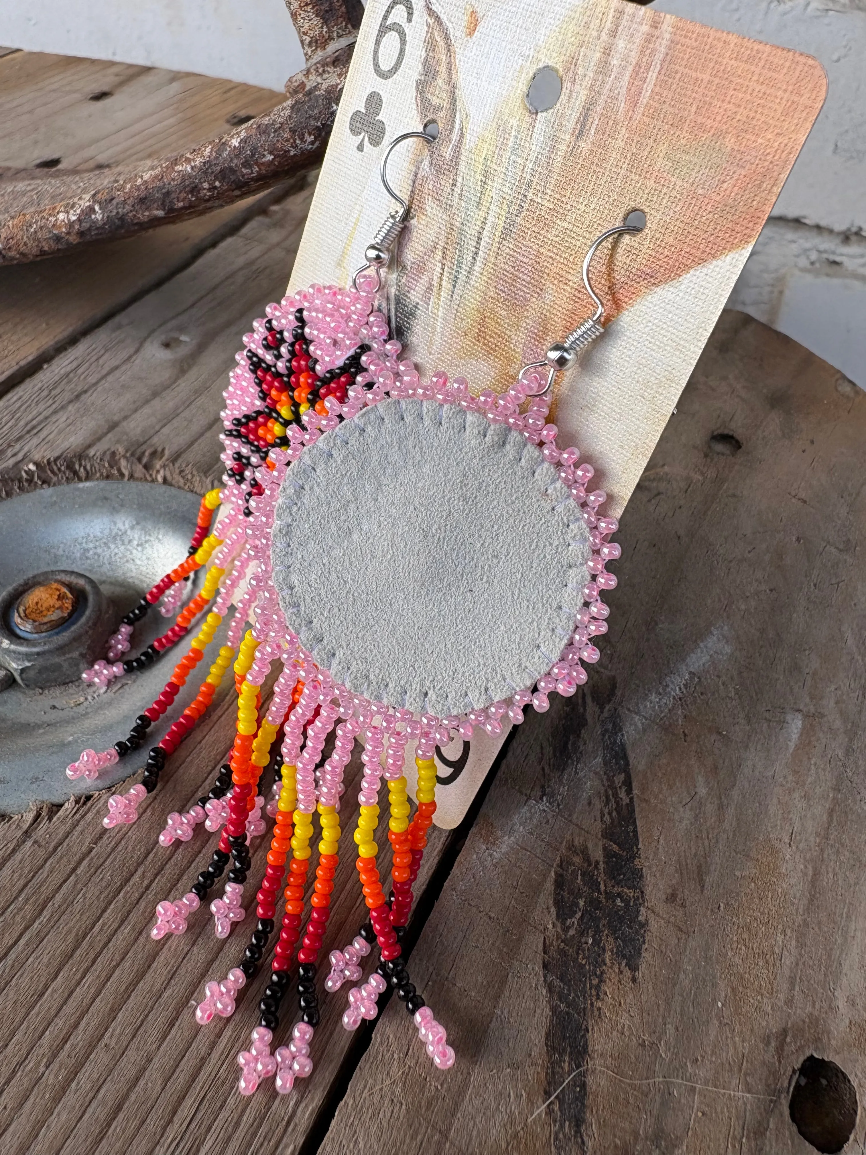 Pink Star Beaded Leather Earrings
