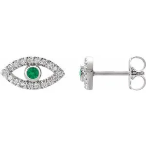 Platinum Natural Emerald & Natural White Sapphire Evil Eye Earrings