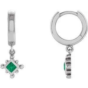 Platinum Natural Emerald Beaded Bezel-Set Hoop Earrings