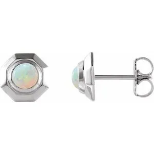 Platinum Natural White Opal Geometric Cabochon Earrings