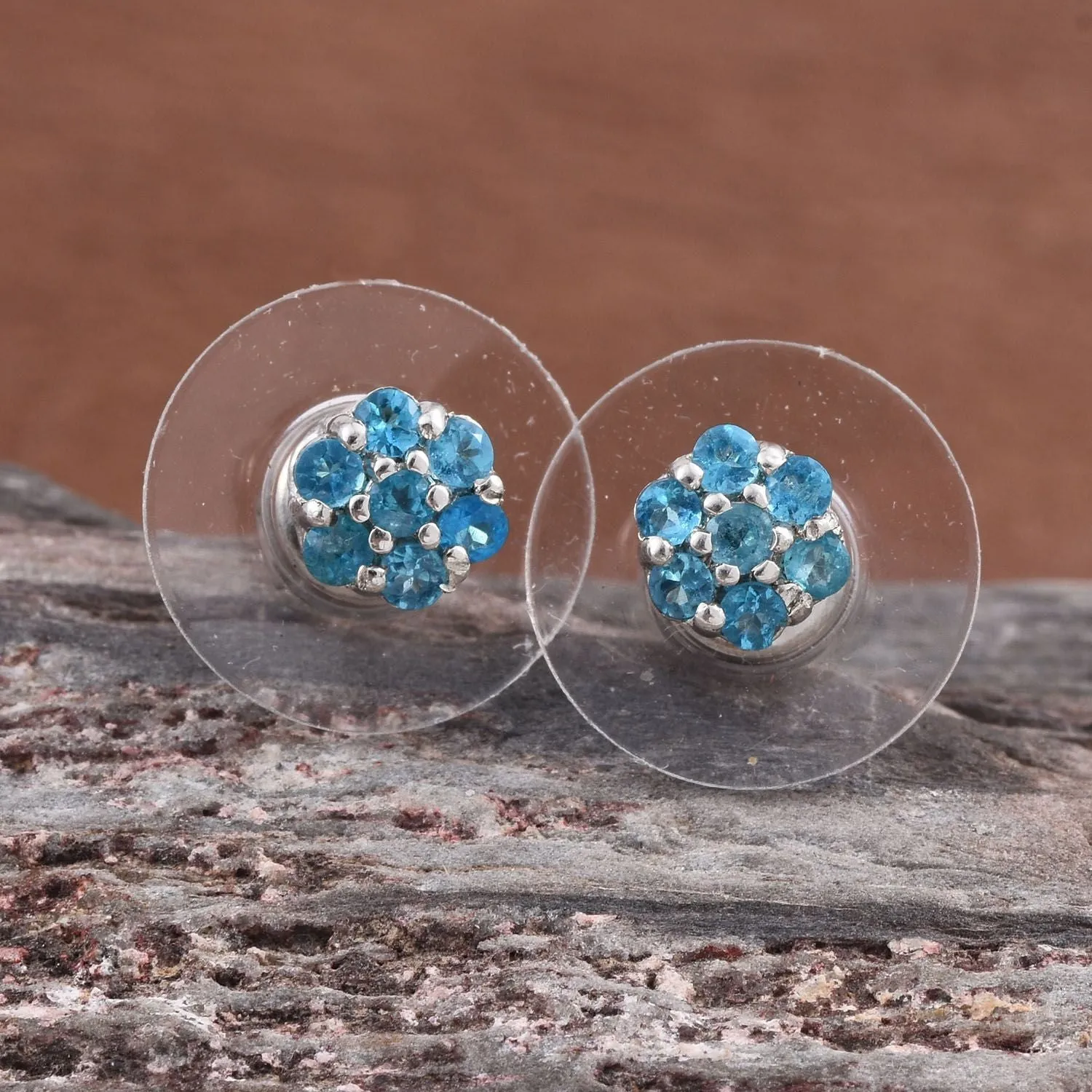 Platinum over Sterling Silver Neon Apatite Cluster Stud Earrings (.320ct)