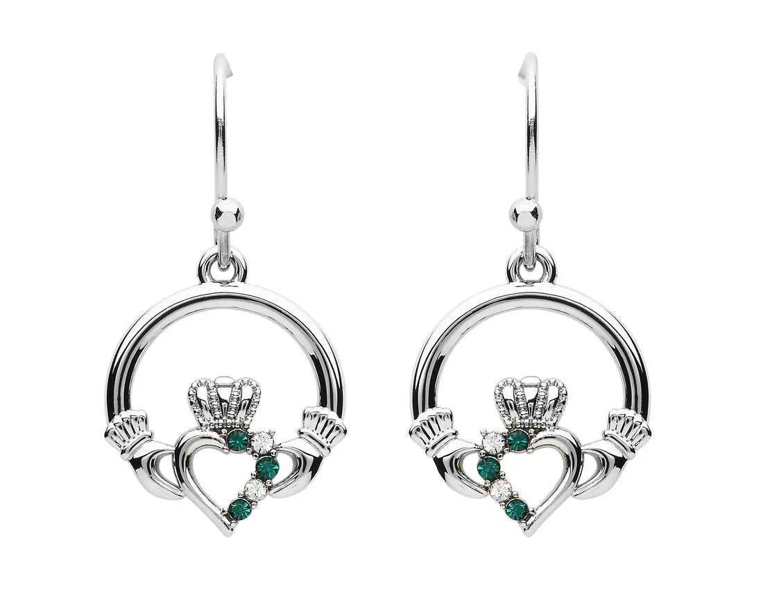 Platinum Plated Claddagh Drop Earrings With Clear & Peridot Crystals