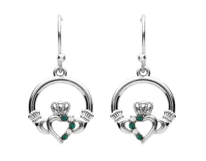 Platinum Plated Claddagh Drop Earrings With Clear & Peridot Crystals