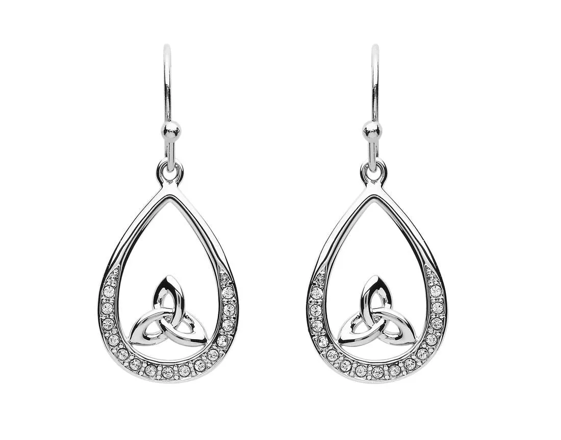 Platinum Plated Pear Drop Trinity Earrings With Clear Crystals