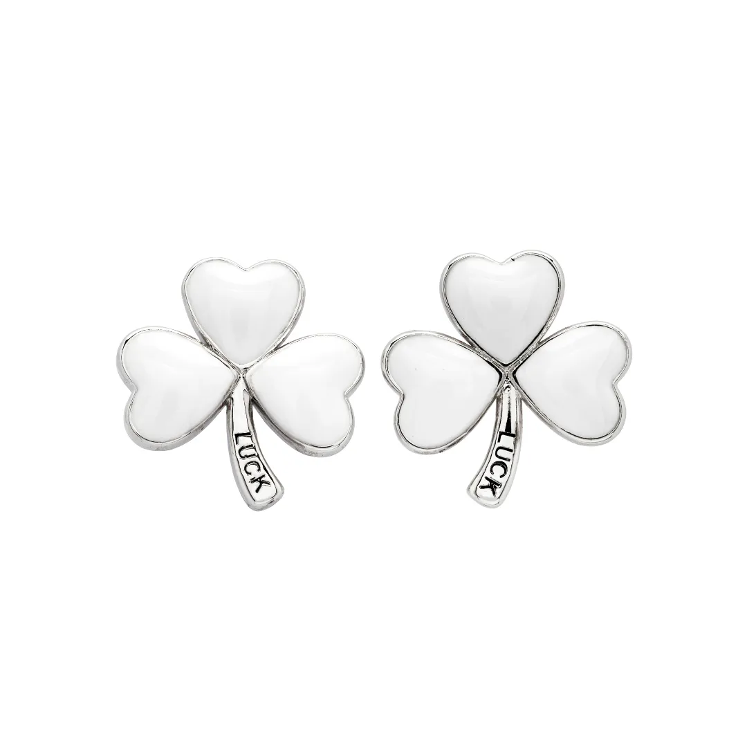 Platinum Plated White Enamel Shamrock Earrings