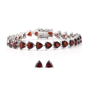 Platinum/Sterling Silver 25cts Trillion GARNET Set Earrings & Tennis Bracelet (7.25 in)