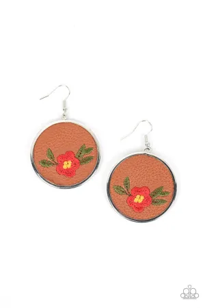 Prairie Patchwork - Red - Embroidered Flower Brown Leather Paparazzi Fishhook Earrings