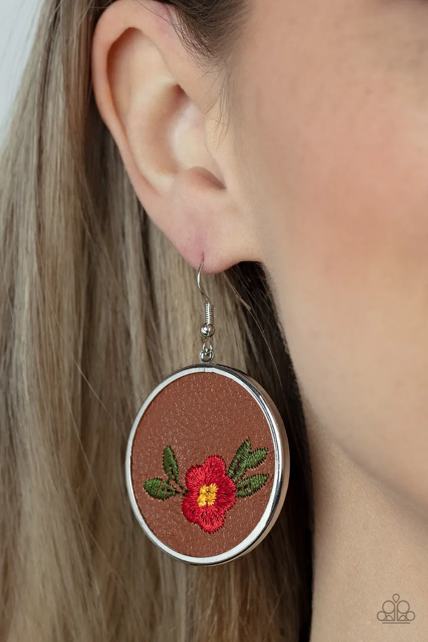 Prairie Patchwork - Red - Embroidered Flower Brown Leather Paparazzi Fishhook Earrings
