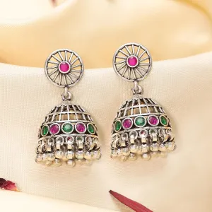 Pure 925 Silver Earrings - Jhumka in Gemstone Radiance