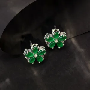 Pure Silver Earrings - Emerald Elegance in Floral Petals