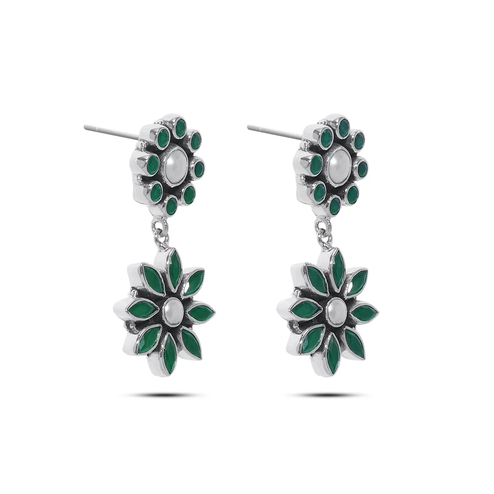 Pure Silver Earrings - Floral Dangle with Pearl and Emerald