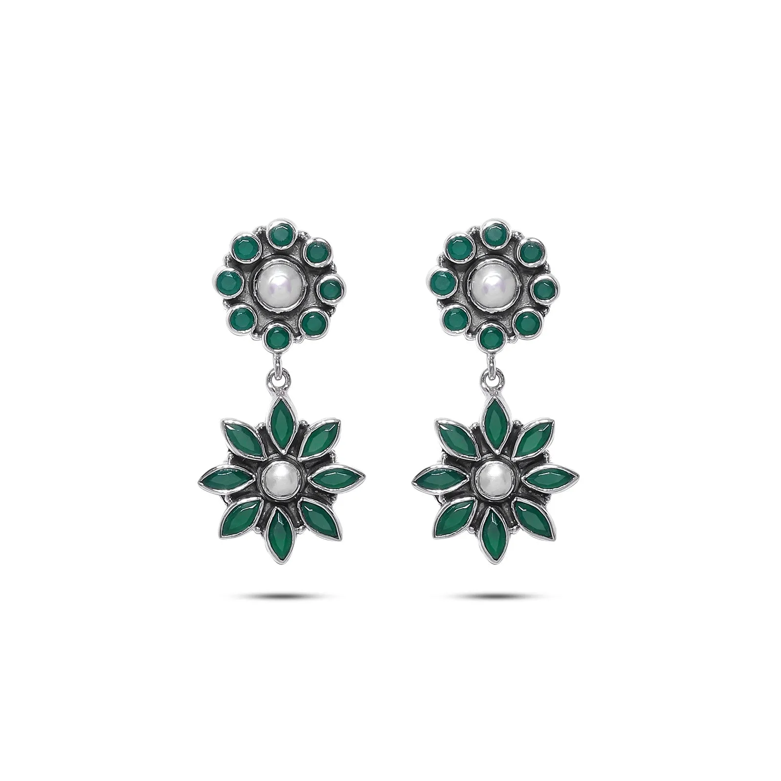 Pure Silver Earrings - Floral Dangle with Pearl and Emerald