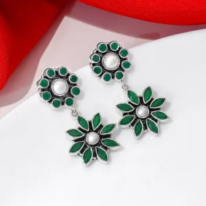 Pure Silver Earrings - Floral Dangle with Pearl and Emerald
