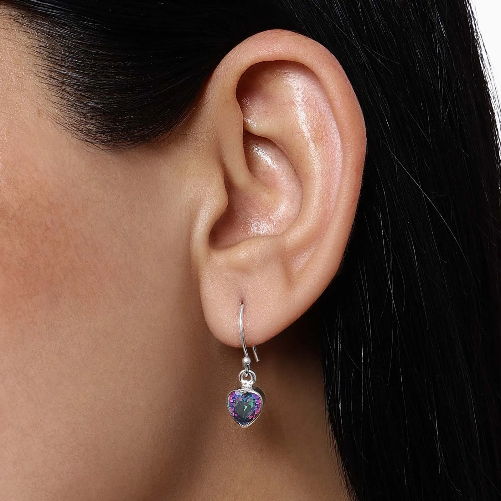 Pure Silver Earrings - Hoop With Purple-Blue CZ Heart Stone