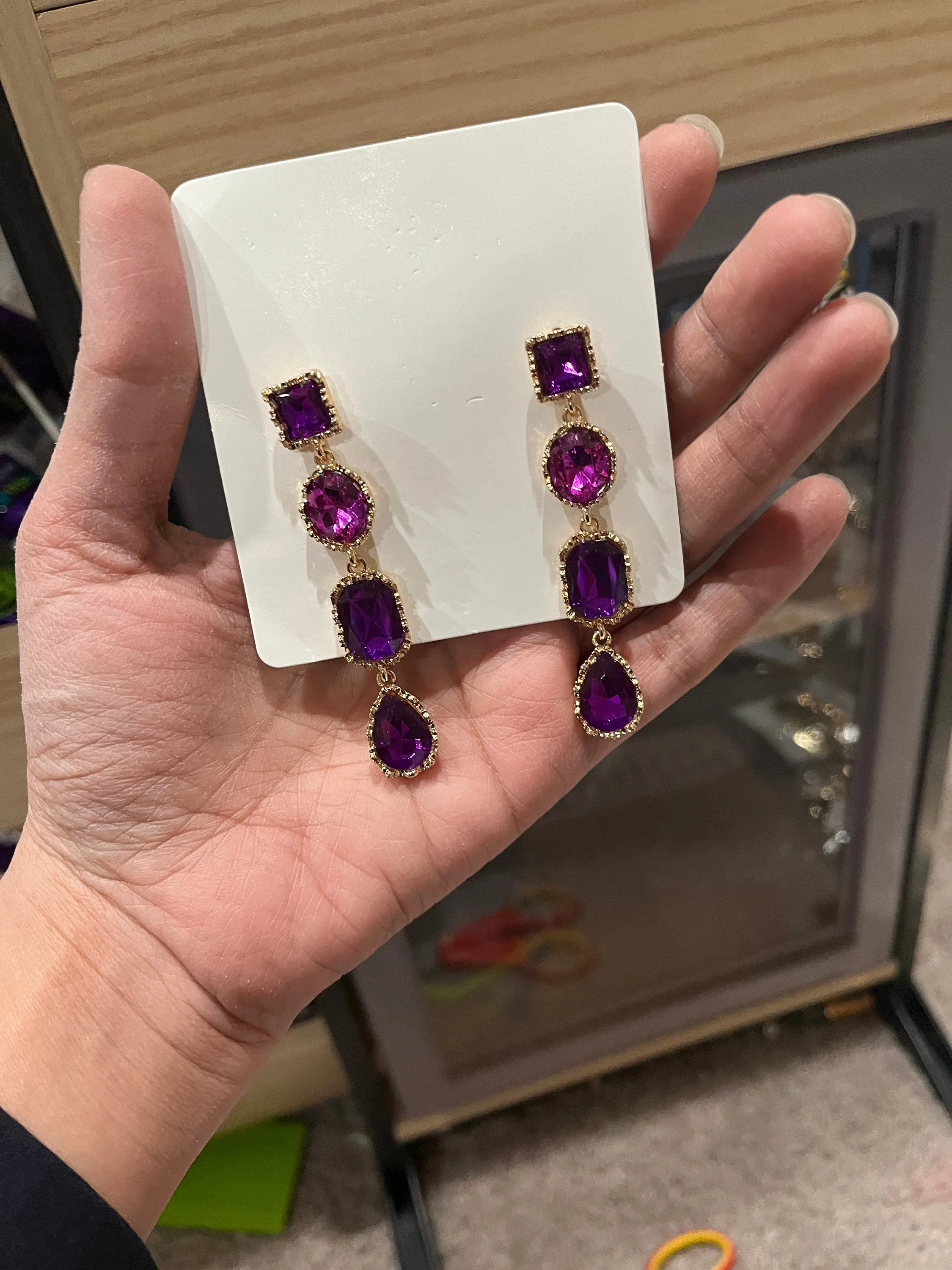 Purple Rhinestone earrings , long purple crystal earrings , dark purple wedding earrings , big eggplant gold rhinestone earring sparkling