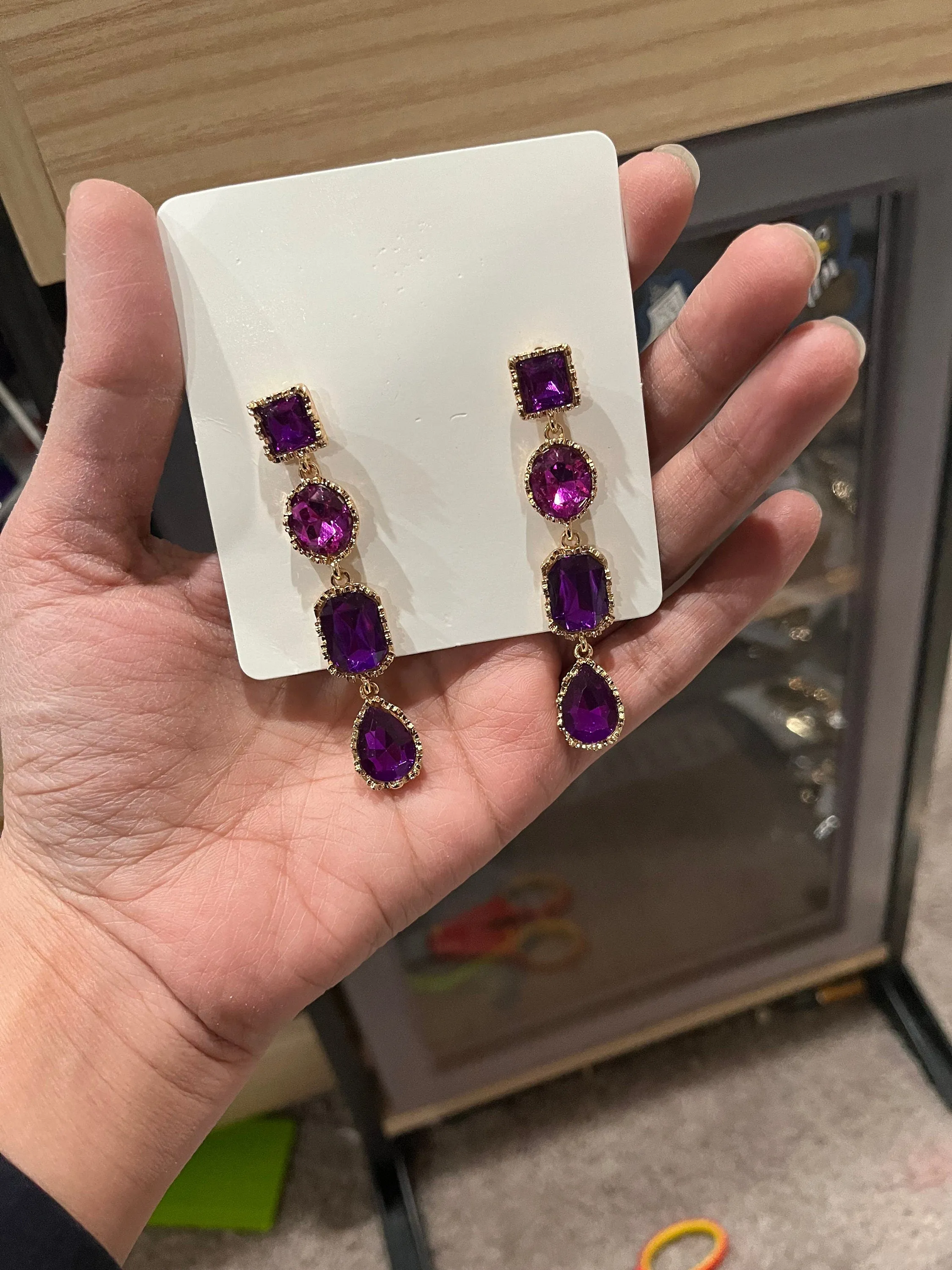 Purple Rhinestone earrings , long purple crystal earrings , dark purple wedding earrings , big eggplant gold rhinestone earring sparkling