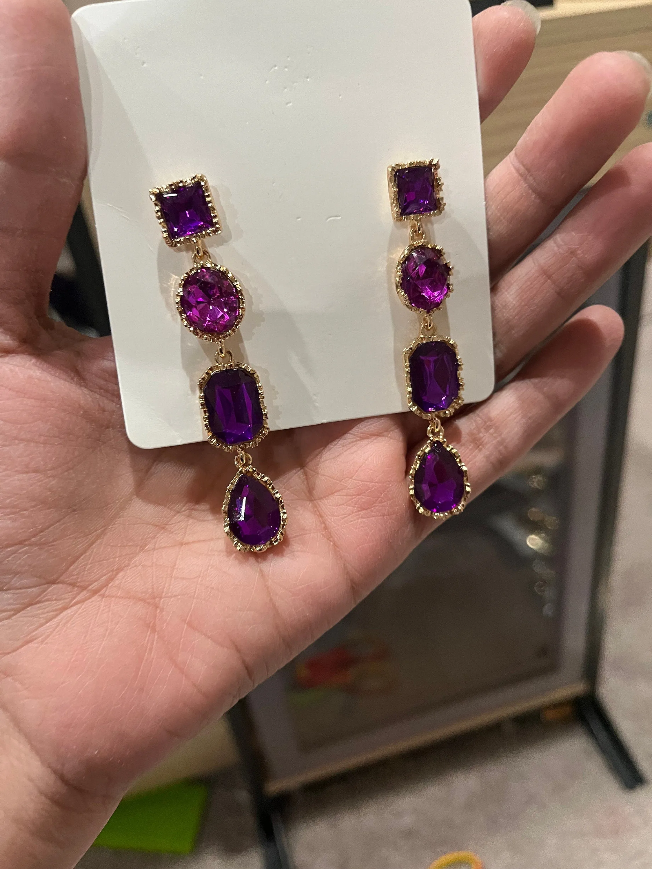 Purple Rhinestone earrings , long purple crystal earrings , dark purple wedding earrings , big eggplant gold rhinestone earring sparkling