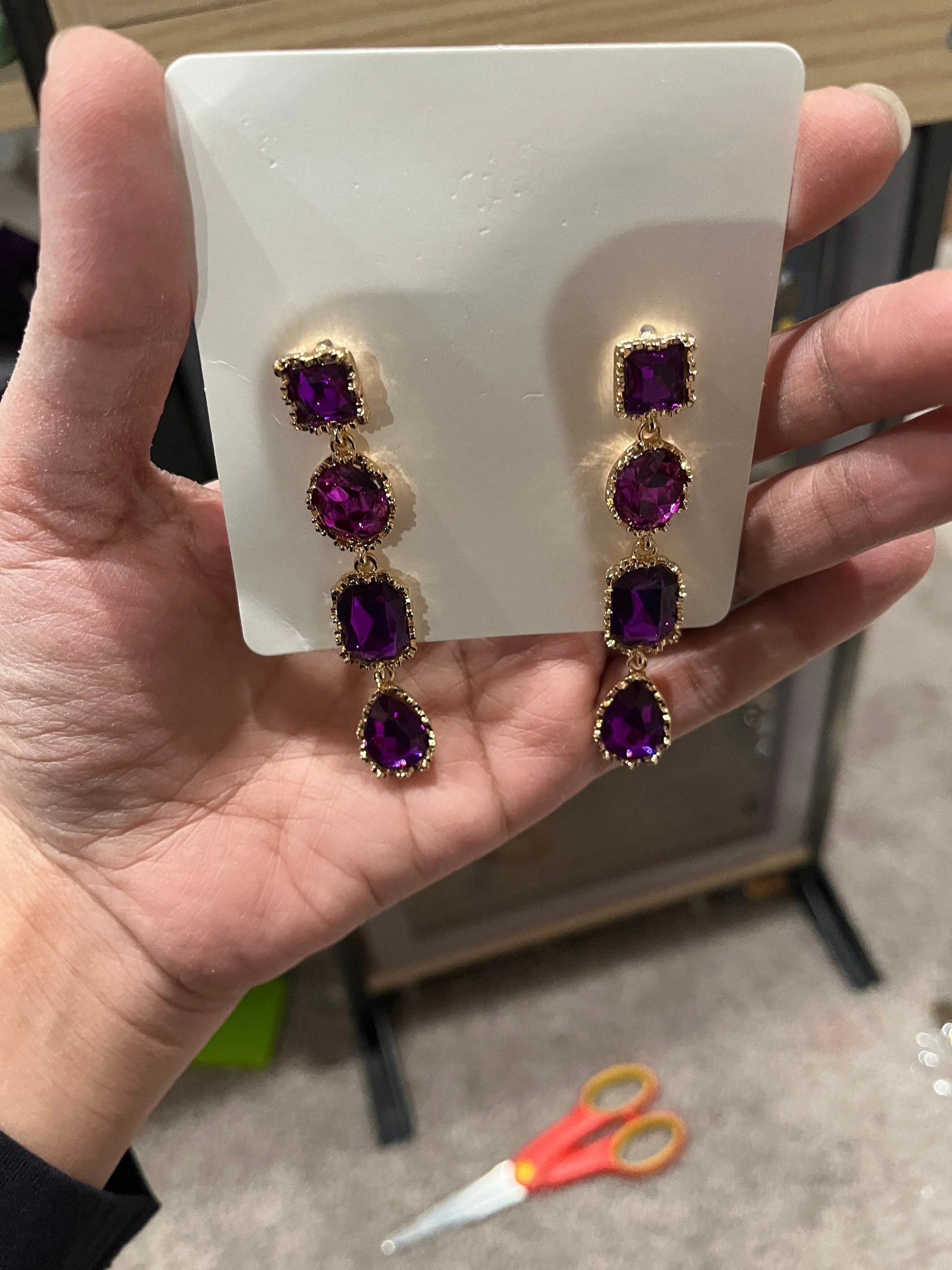 Purple Rhinestone earrings , long purple crystal earrings , dark purple wedding earrings , big eggplant gold rhinestone earring sparkling