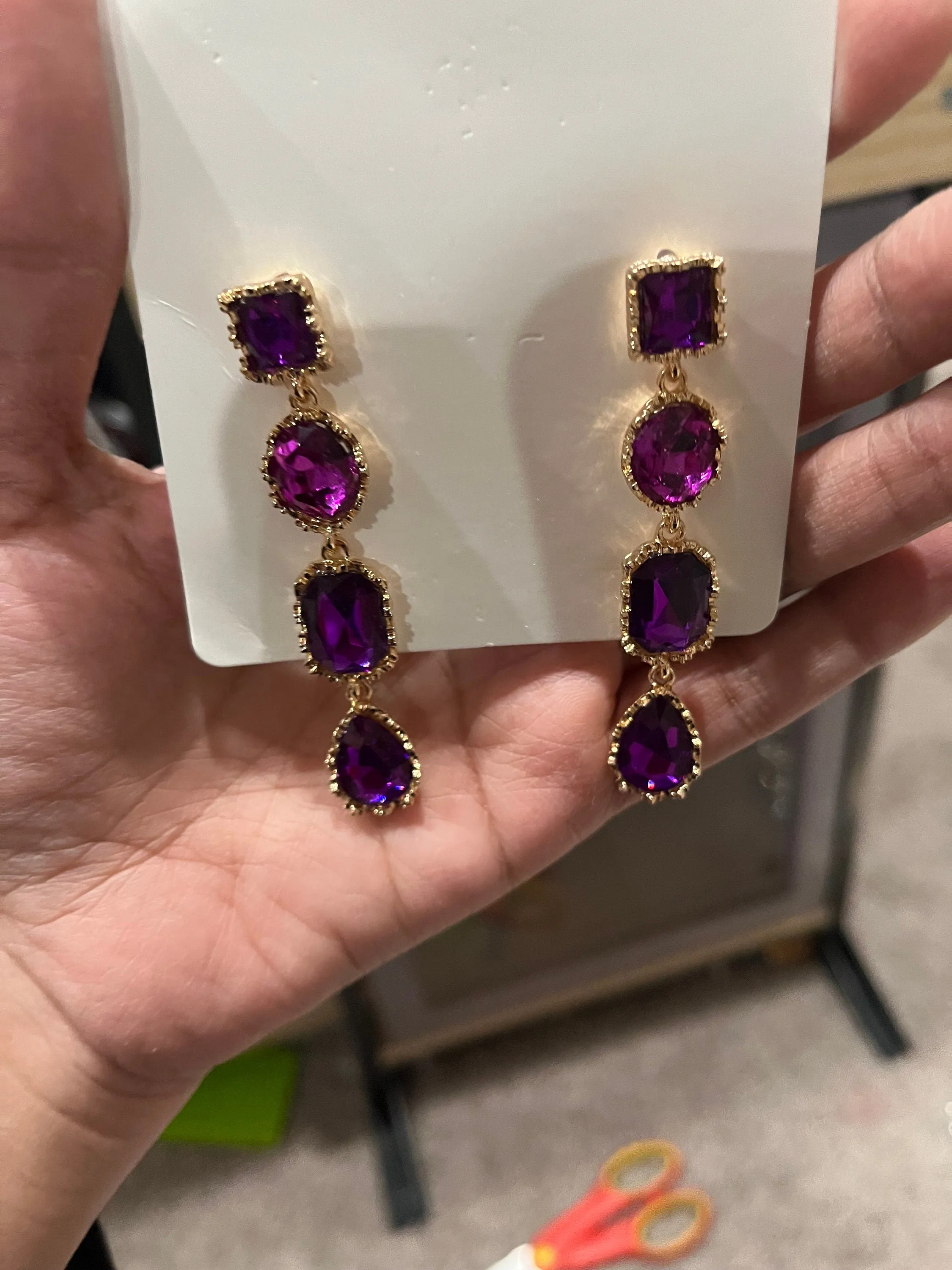 Purple Rhinestone earrings , long purple crystal earrings , dark purple wedding earrings , big eggplant gold rhinestone earring sparkling