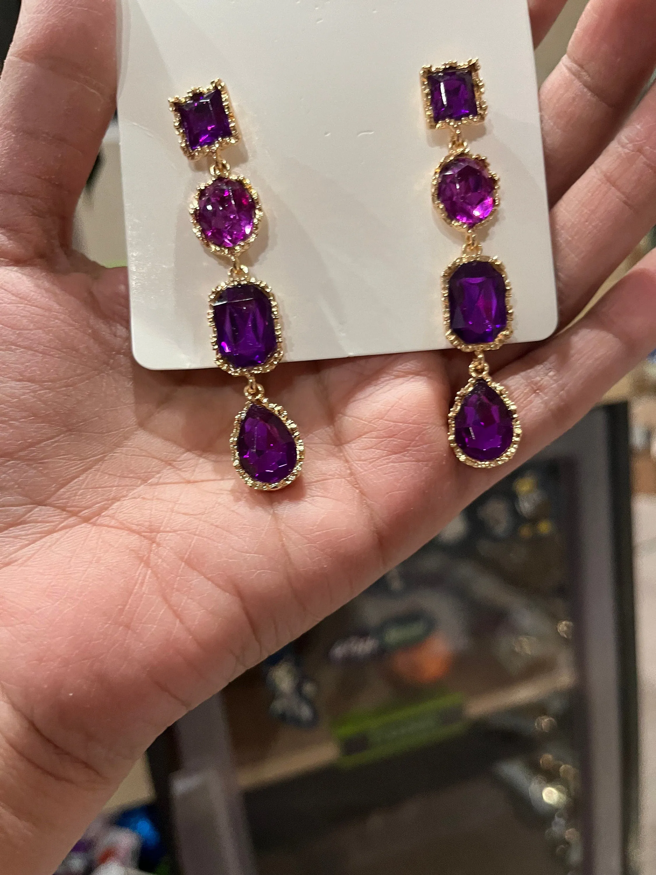 Purple Rhinestone earrings , long purple crystal earrings , dark purple wedding earrings , big eggplant gold rhinestone earring sparkling