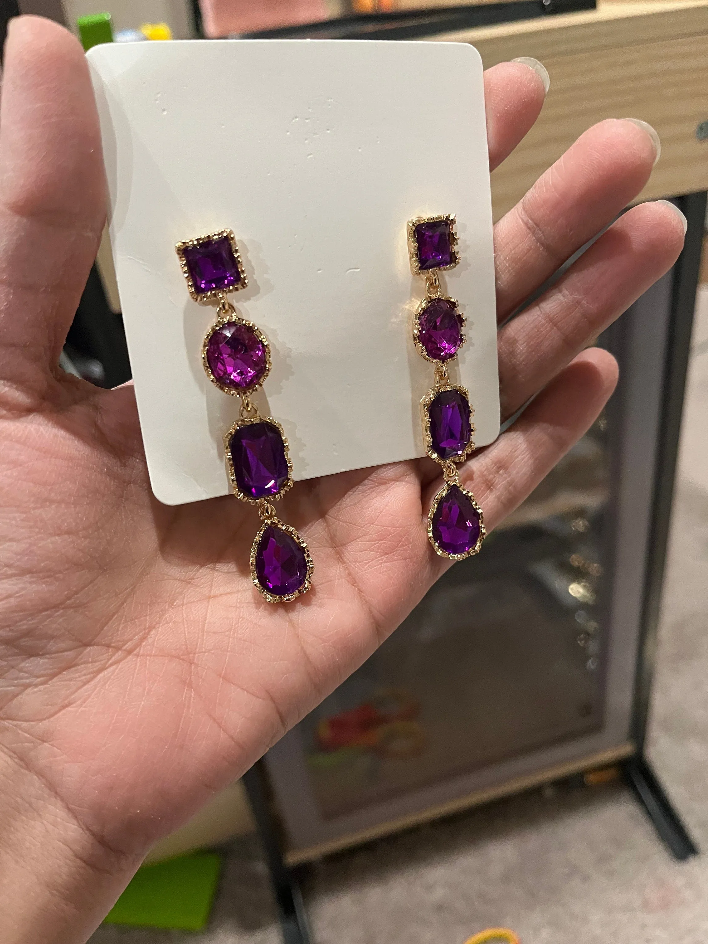 Purple Rhinestone earrings , long purple crystal earrings , dark purple wedding earrings , big eggplant gold rhinestone earring sparkling