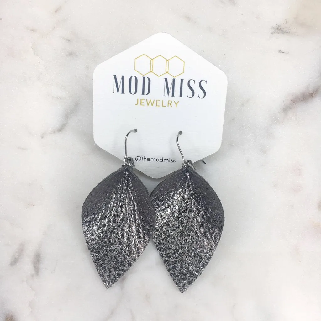 "Merle" Metallic Gunmetal Leather Petal Earrings
