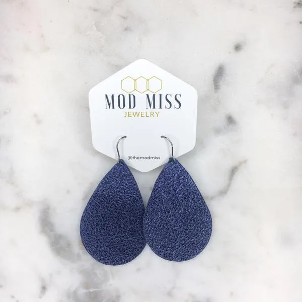 "Officer" Metallic Navy Leather Teardrop Earrings
