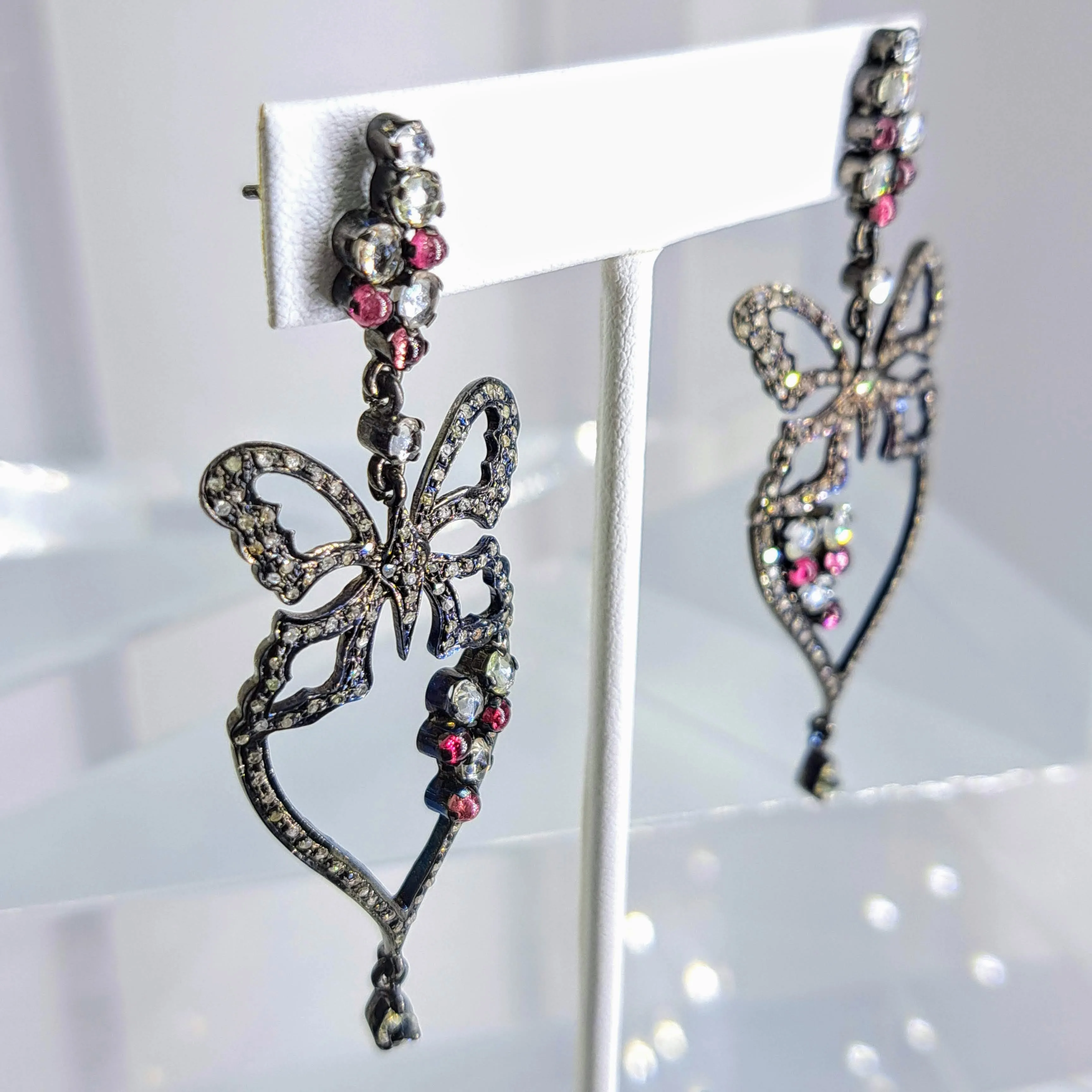"Ruby, The Butterfly" 3" Earrings By Barb - Diamond, Ruby, Black Sterling