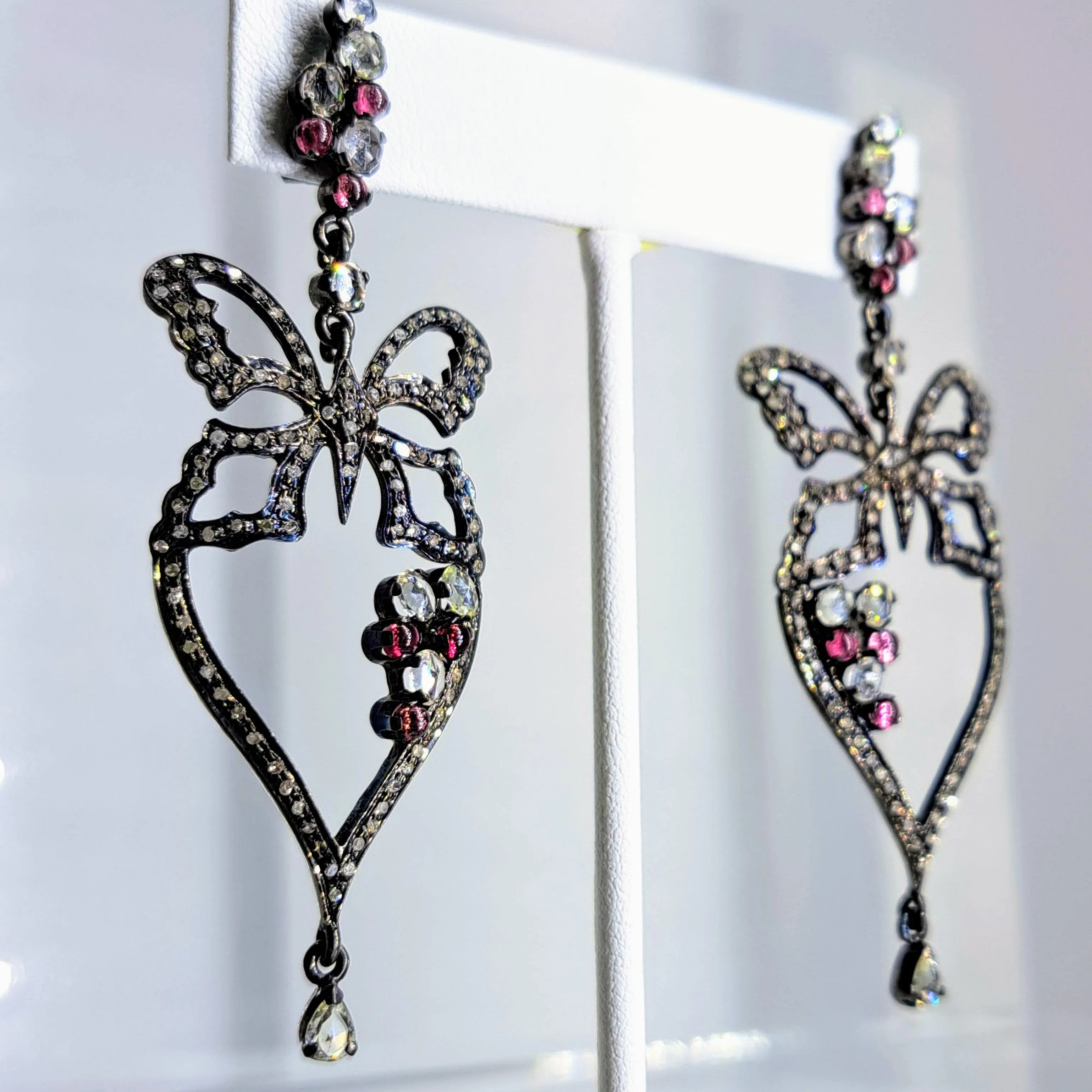 "Ruby, The Butterfly" 3" Earrings By Barb - Diamond, Ruby, Black Sterling