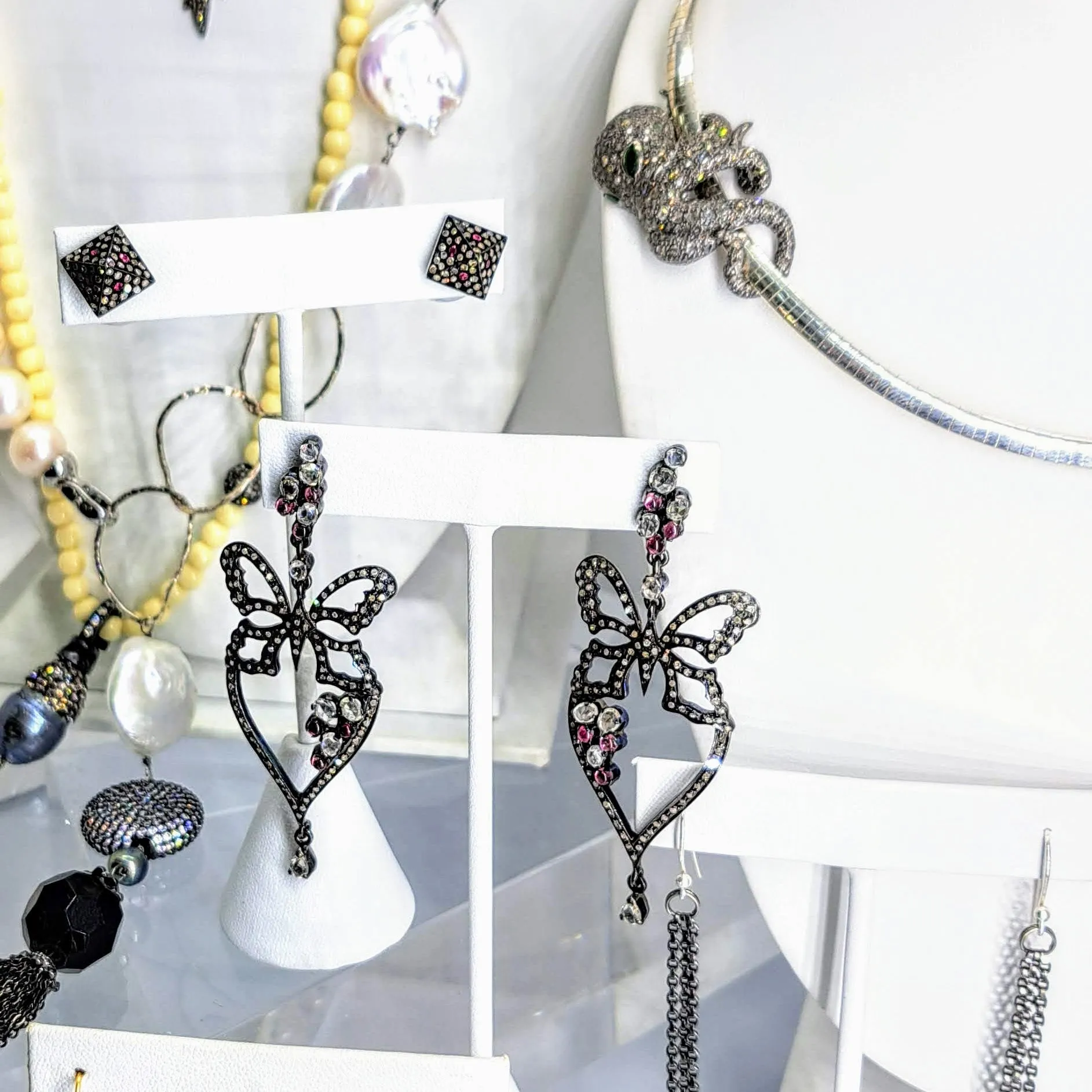 "Ruby, The Butterfly" 3" Earrings By Barb - Diamond, Ruby, Black Sterling