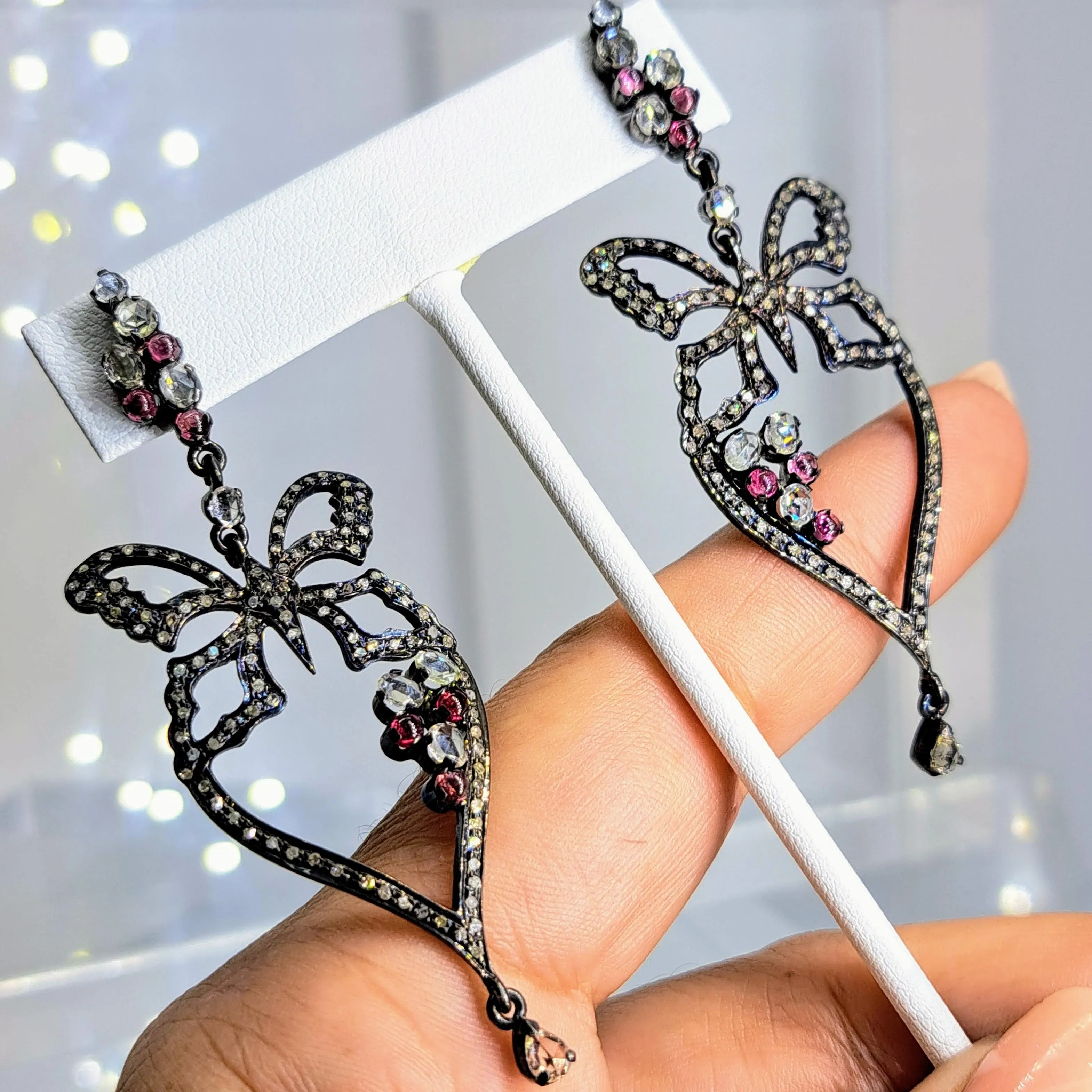 "Ruby, The Butterfly" 3" Earrings By Barb - Diamond, Ruby, Black Sterling
