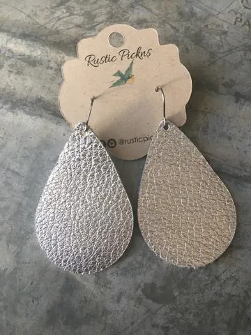 "Vanessa" Metallic Silver Chunky Leather Teardrop Earrings