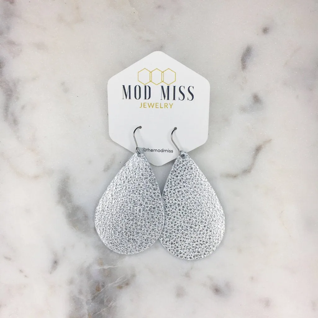 "Vanessa" Metallic Silver Chunky Leather Teardrop Earrings