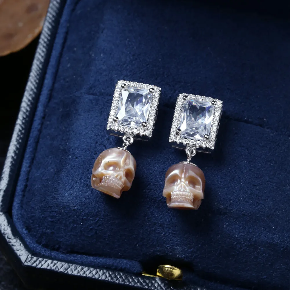 Radiant CZ Halo Pearl Skull Earrings