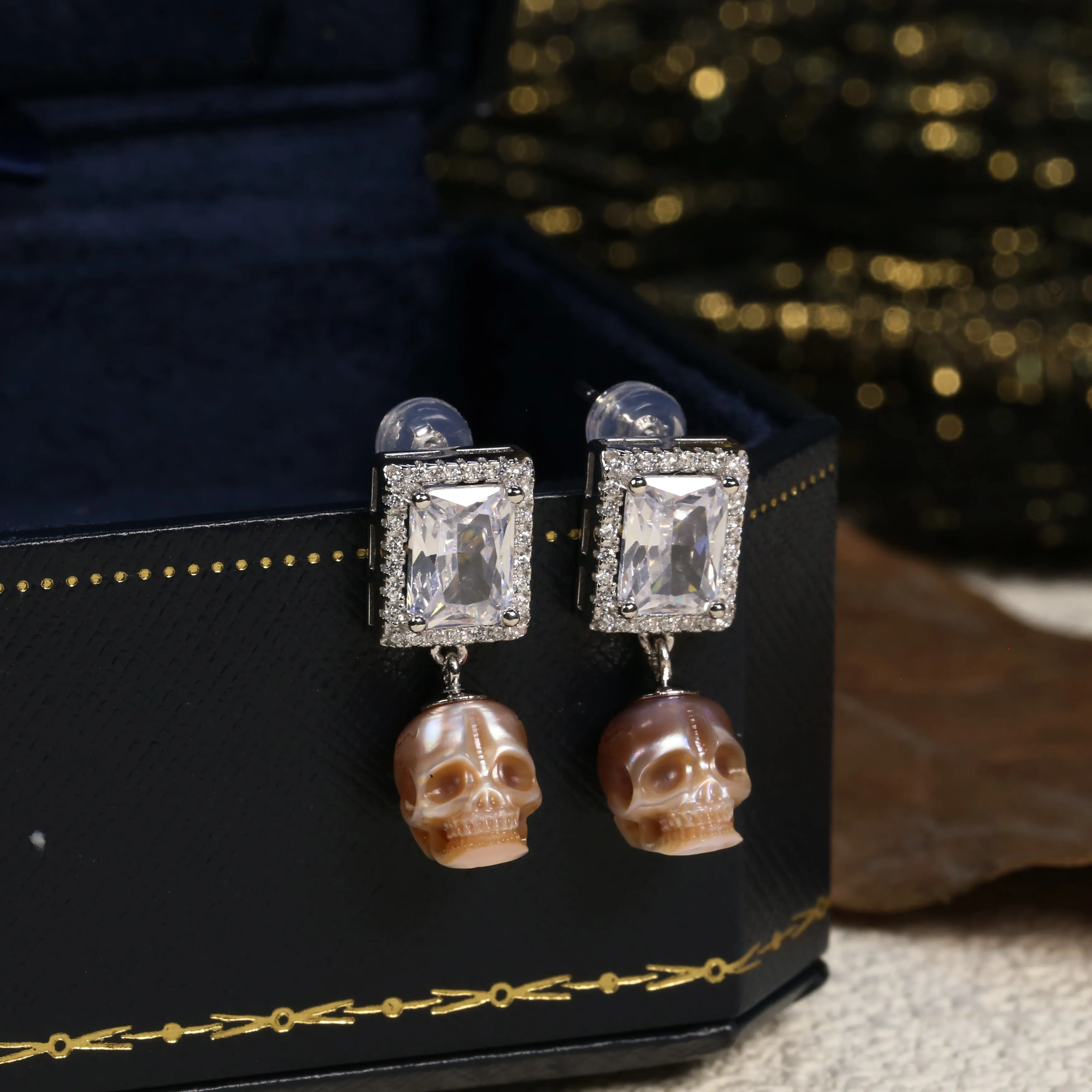 Radiant CZ Halo Pearl Skull Earrings