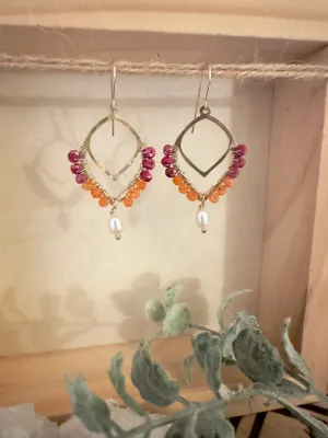 Raha - Wire Wrapped Pink Ruby and Carnelian with Freshwater Pearl drop 14k gold filled ear wires
