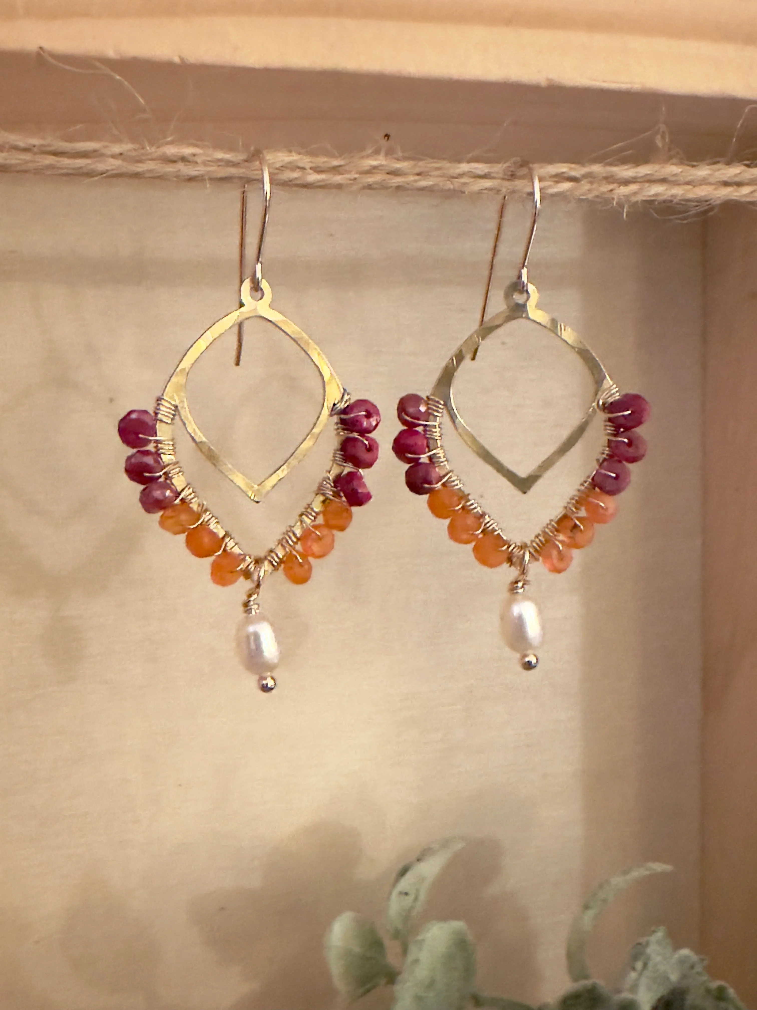 Raha - Wire Wrapped Pink Ruby and Carnelian with Freshwater Pearl drop 14k gold filled ear wires