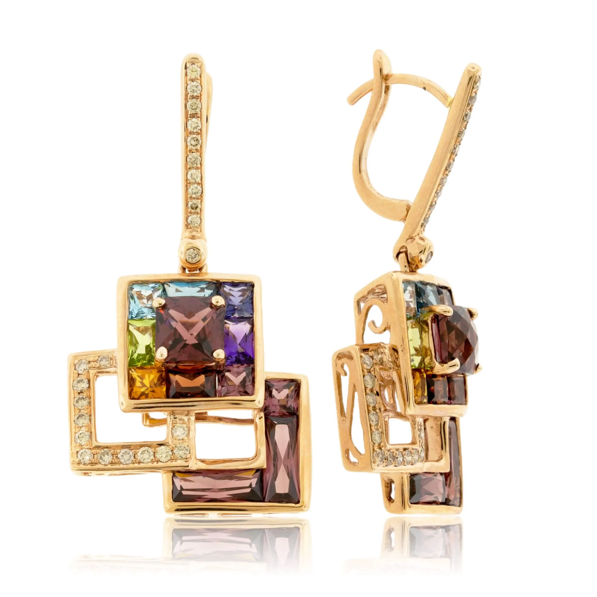 Rainbow Mixed Gemstone & Diamond Dangle Square Earrings
