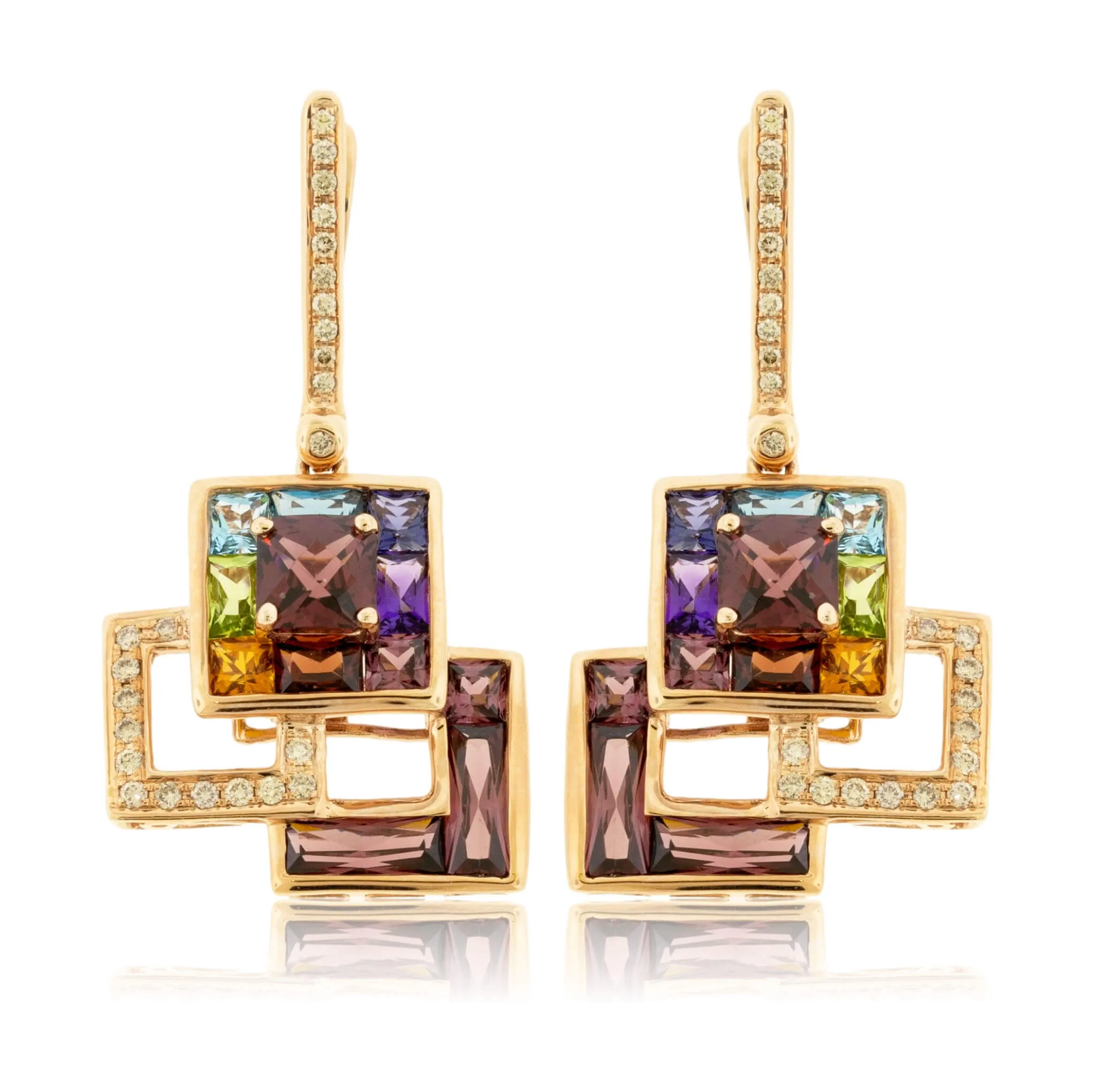 Rainbow Mixed Gemstone & Diamond Dangle Square Earrings