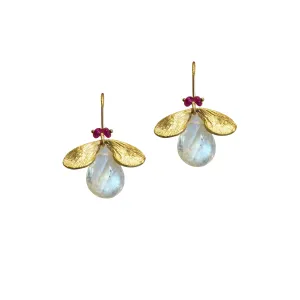 Rainbow Moonstone Bug Earrings with Ruby Eyes
