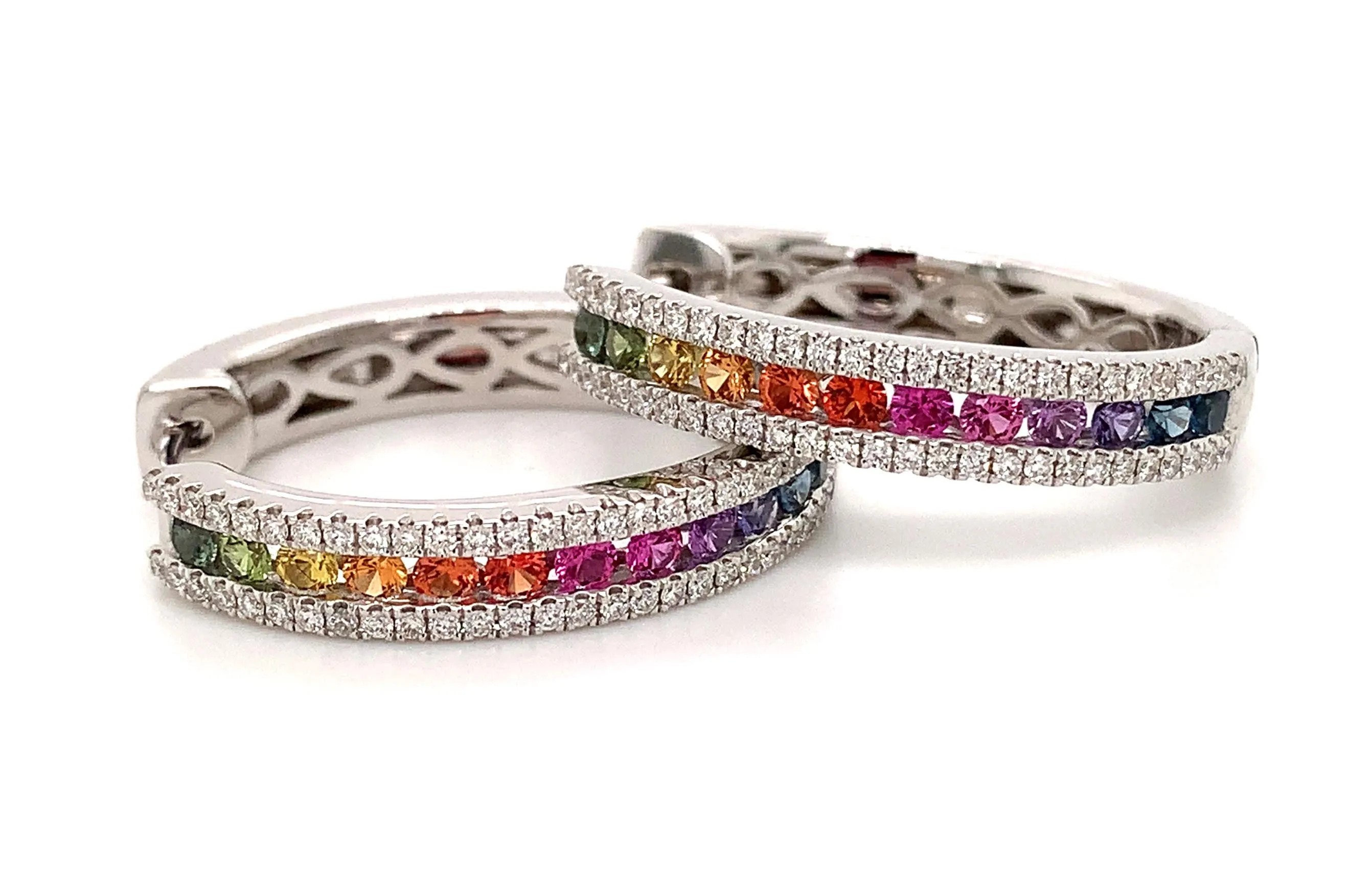 Rainbow Sapphire & Diamond White Gold Hoop Earrings