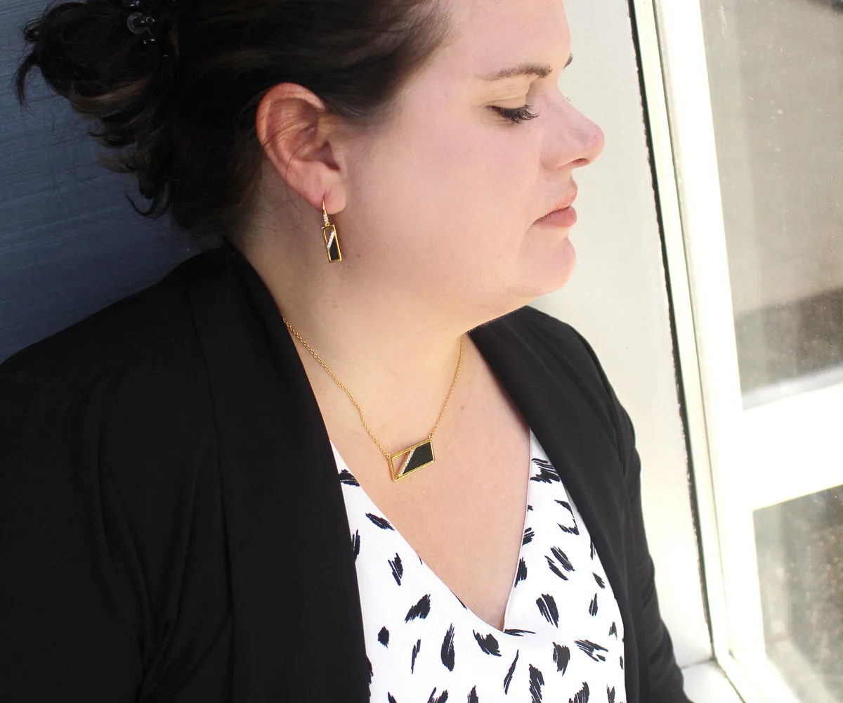 Rectangle Leather Inlay Gold Earrings
