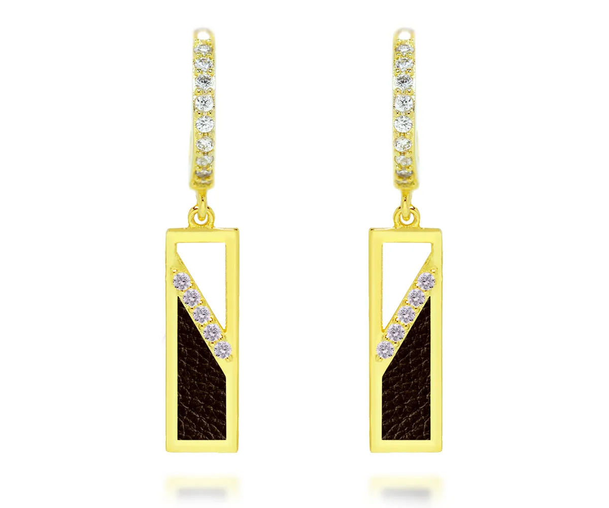 Rectangle Leather Inlay Gold Earrings