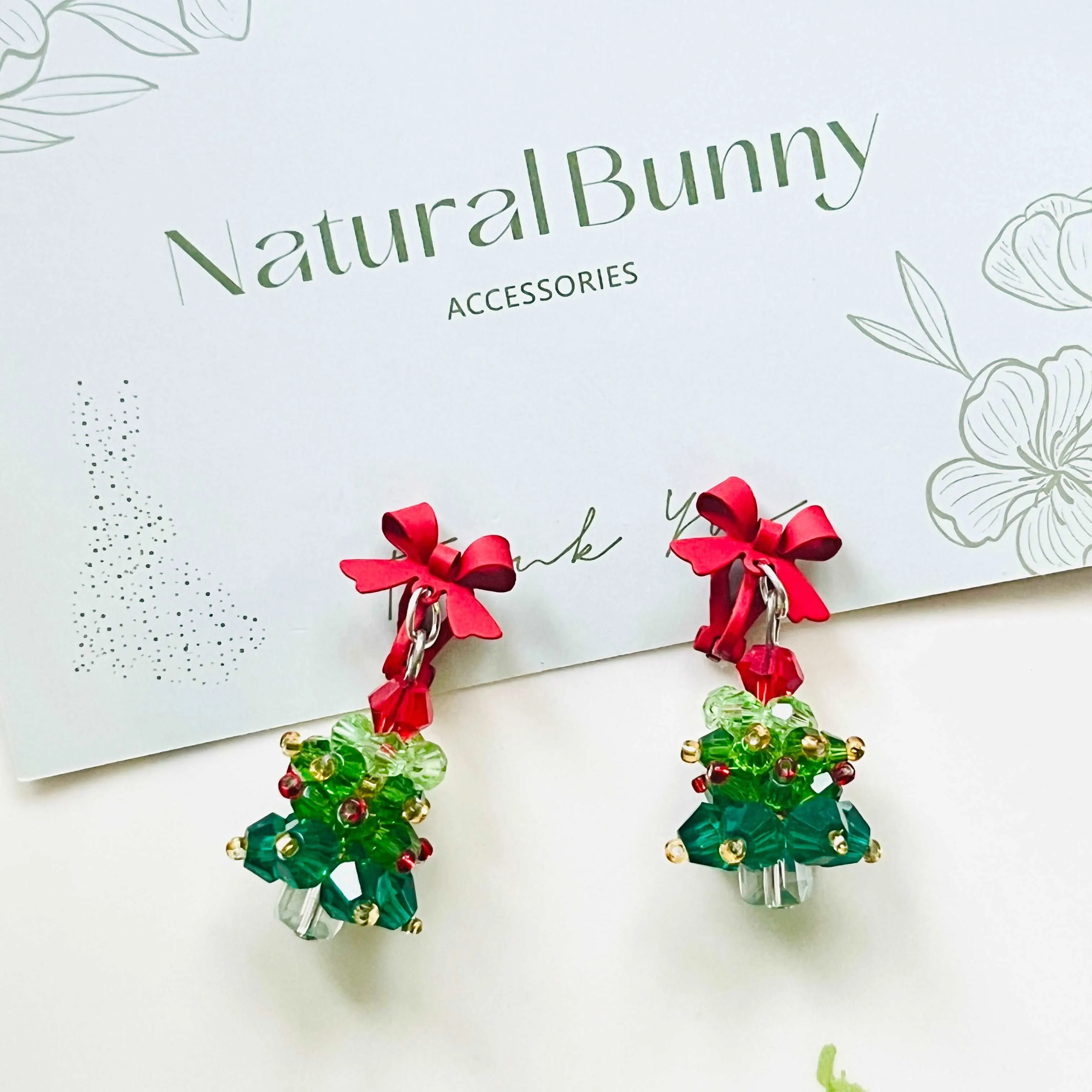 Red Bow Christmas Tree Earrings / Clip-on Earrings