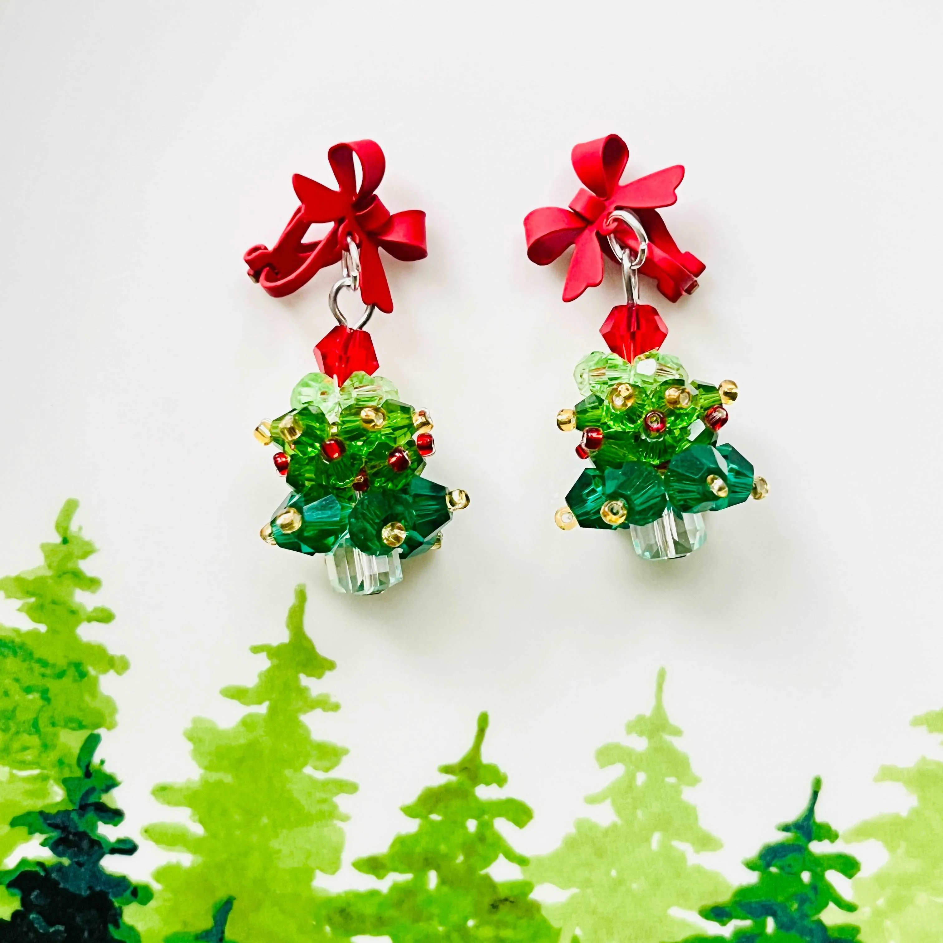 Red Bow Christmas Tree Earrings / Clip-on Earrings