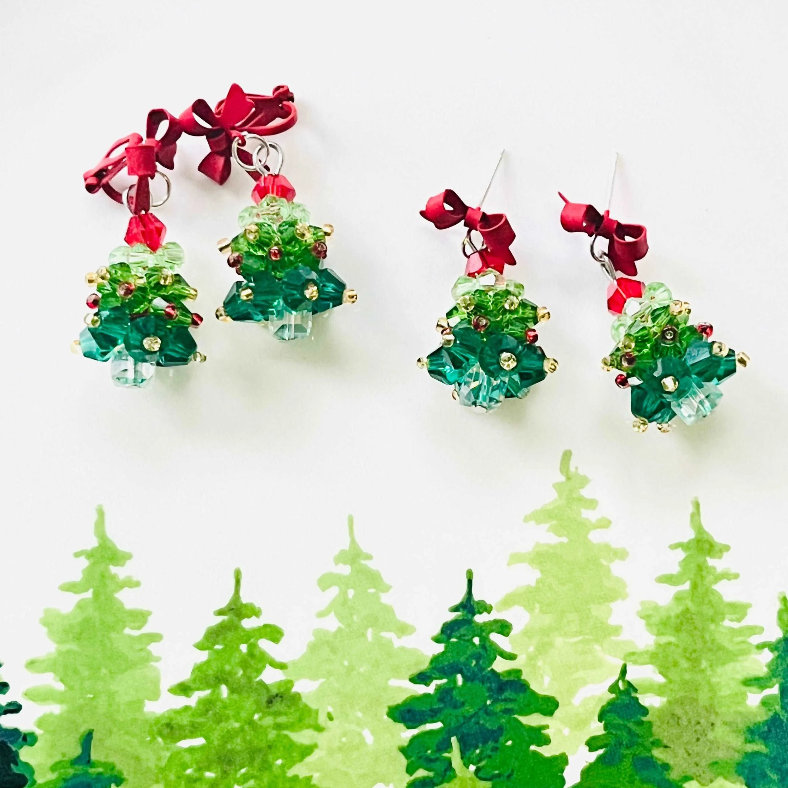 Red Bow Christmas Tree Earrings / Clip-on Earrings