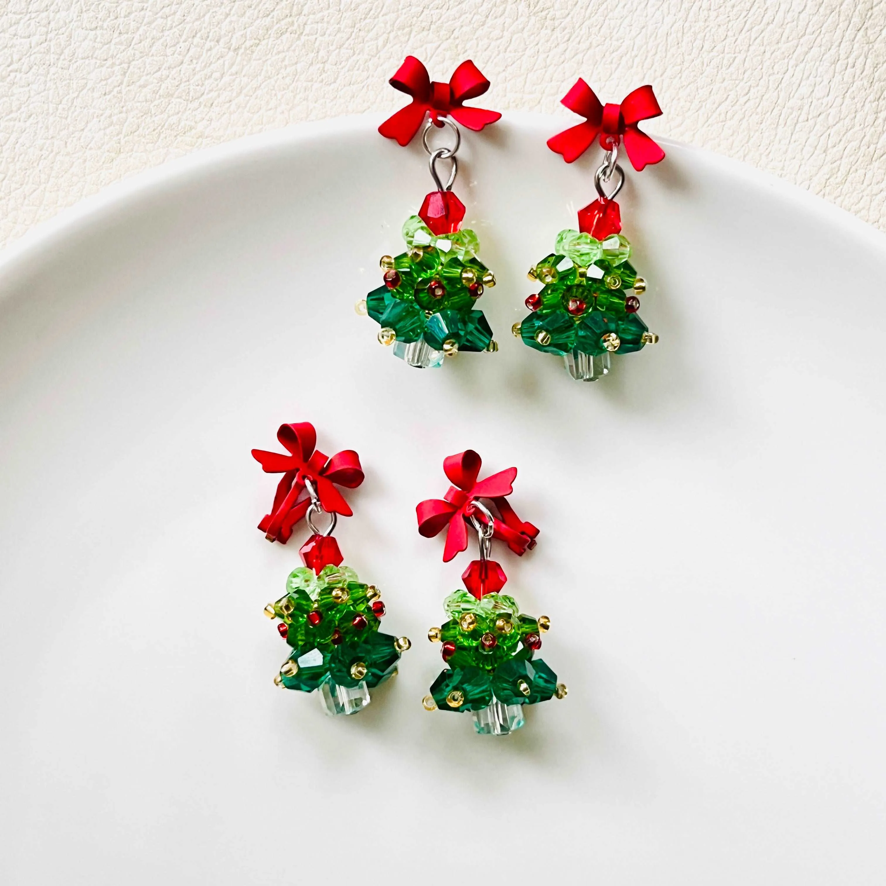 Red Bow Christmas Tree Earrings / Clip-on Earrings