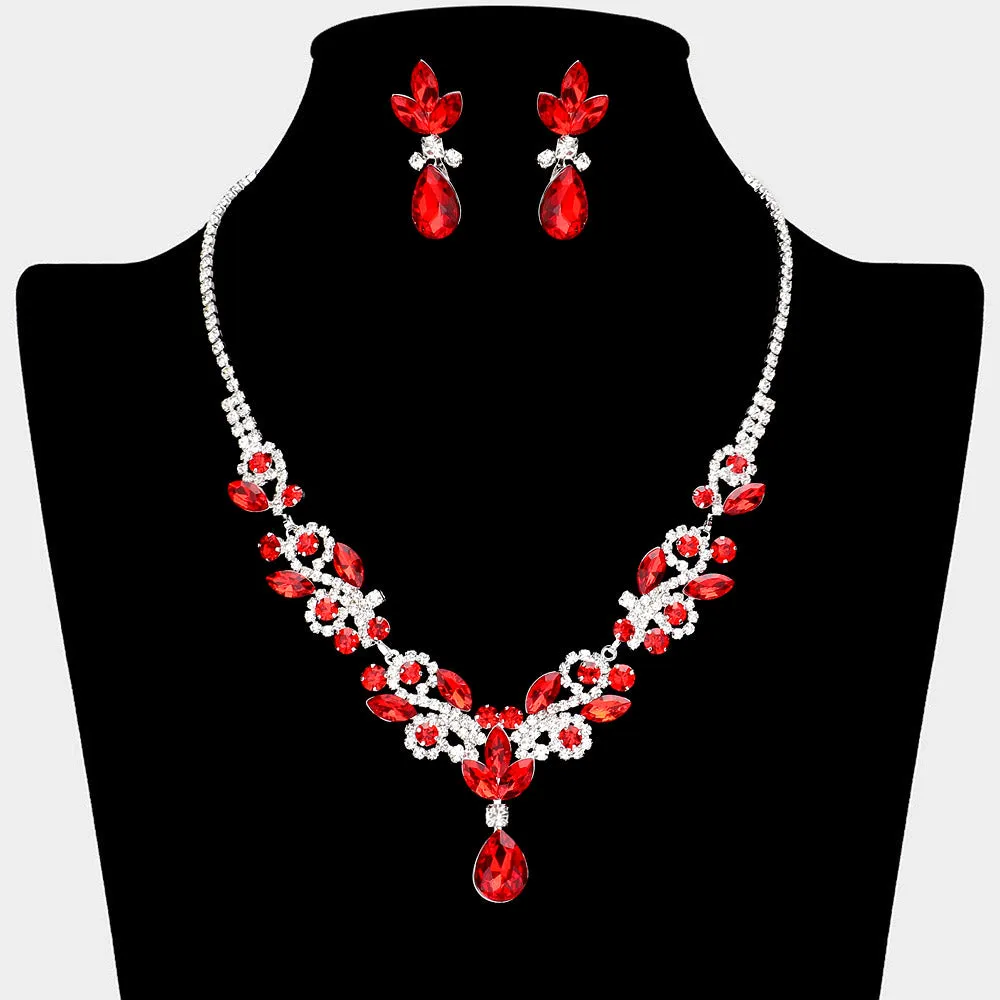 Red Crystal Stones Surrounded by Rhinestones Earrings and Necklace Set | Prom Jewelry |  646185