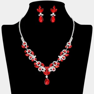 Red Crystal Stones Surrounded by Rhinestones Earrings and Necklace Set | Prom Jewelry |  646185